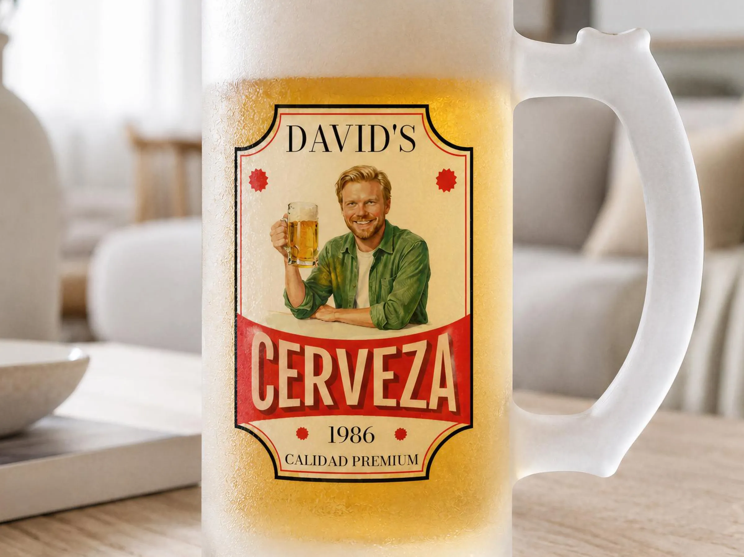 Frostat ölglas med eget foto - Öldesign
